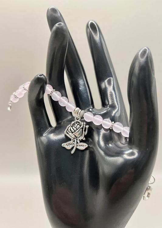 Rose Quartz Bracelet with Silver Alloy Rose