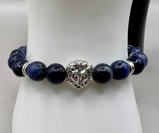 Blue Jasper Bracelet with Silver Tone Lion's Head