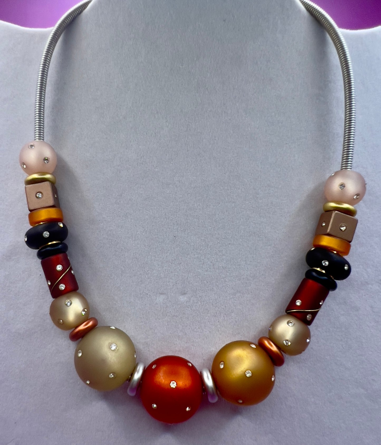 Vintage Necklace with Matte Acrylic Beads and Rhinestones