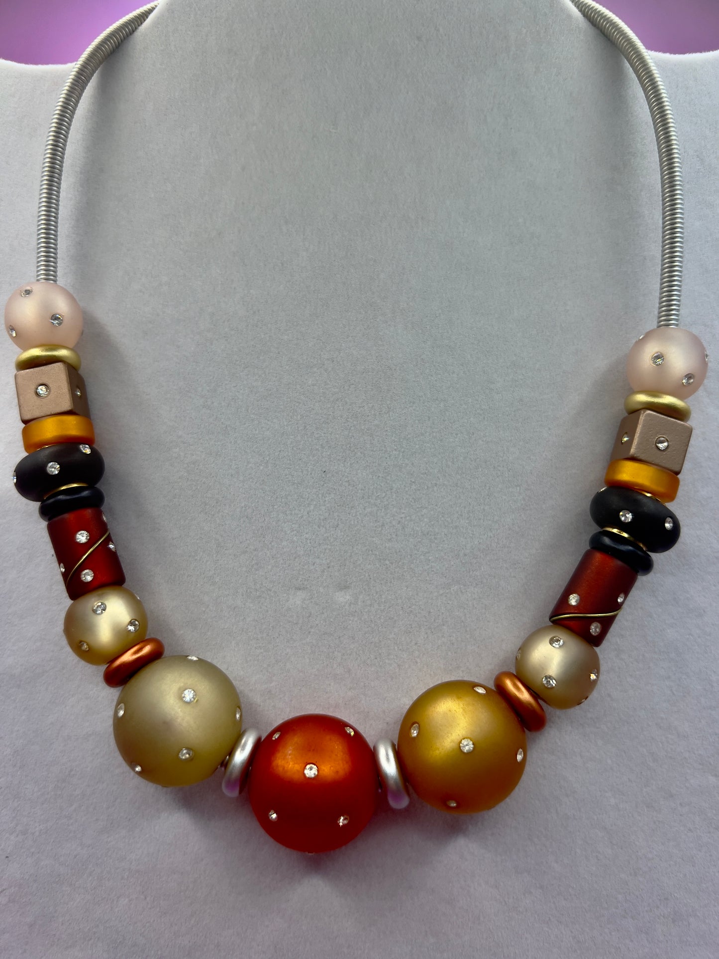 Vintage Necklace with Matte Acrylic Beads and Rhinestones
