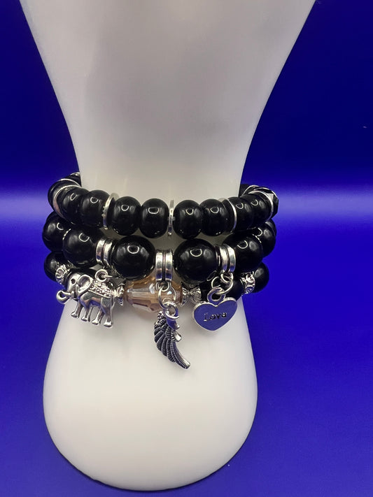 Black Stacking Bracelets with Heart and Elephant