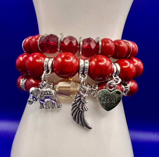 Red Stacking Bracelets with Elephant and Heart