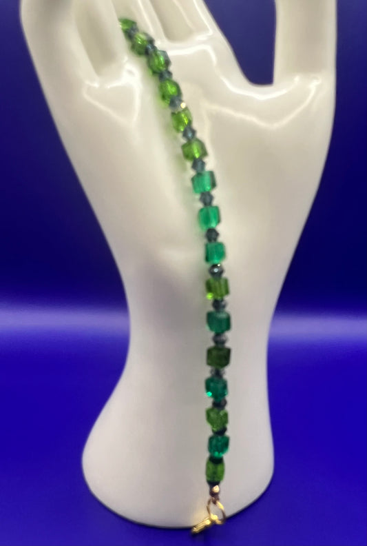 Austrian Crystal Bracelet Light Green, and Dark Green Square Beads