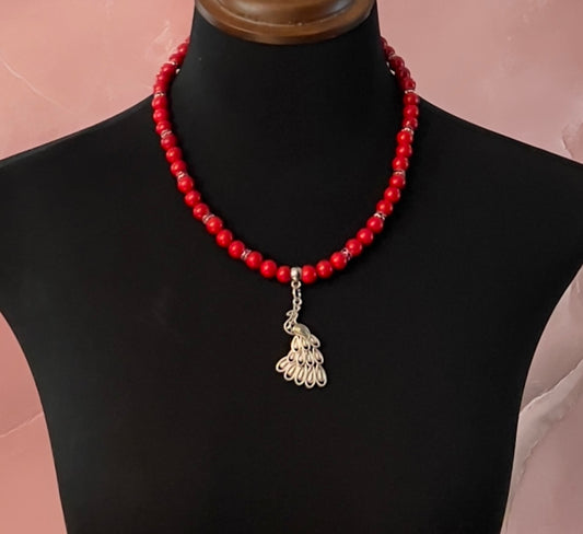 Red Agate Necklace with Peacock Pendant