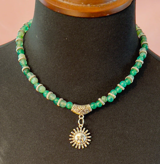 Aventurine and Jadeite Necklace with Sun Pendant