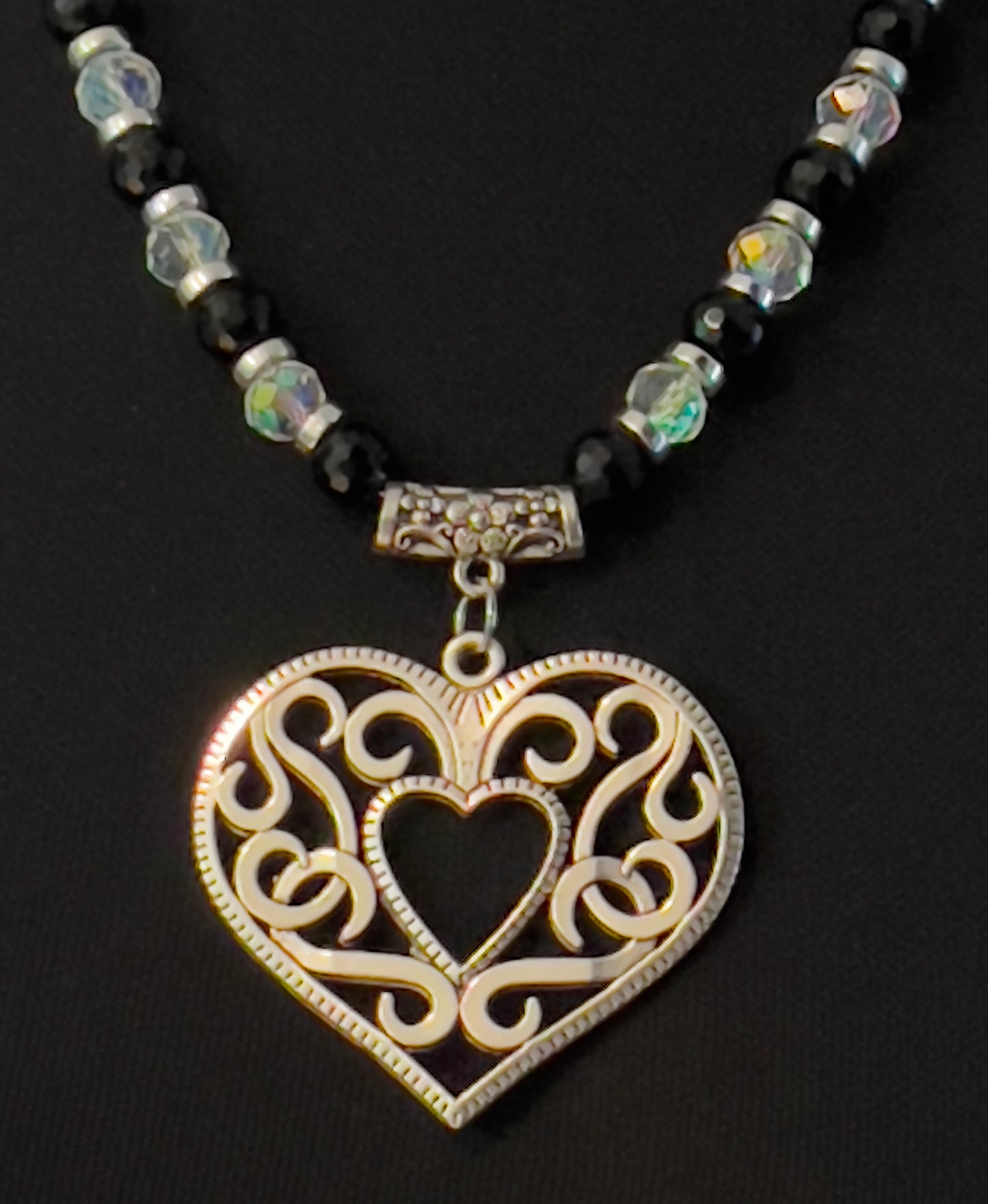 Black & Clear Austrian Crystal Bead Necklace with Large Etched Heart