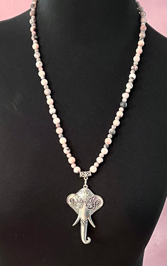 Pink and Gray Natural Matte Jasper Bead Necklace with Large Indian Elephant Pendant