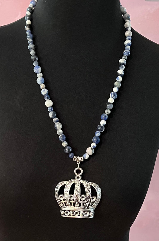Necklace with Large Crown Pendant and Blue Sodalite Beads