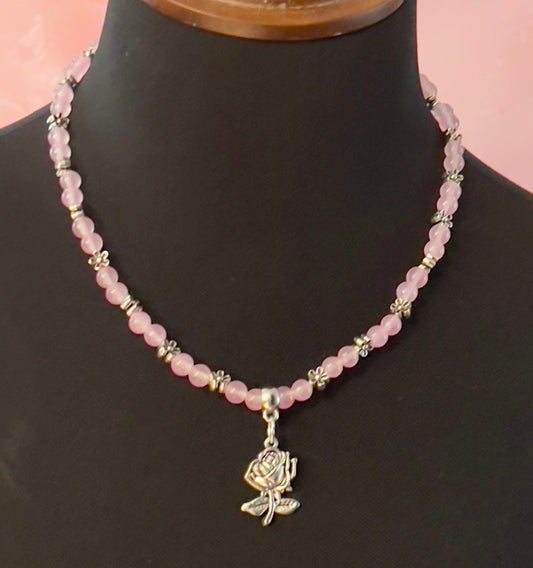 Delicate Rose Quartz Necklace with Rose Pendant