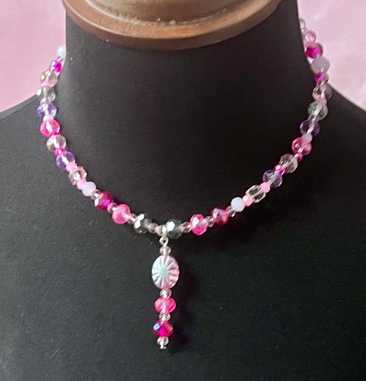 Austrian Crystal Necklace in Shades of Pink, Gray and Smoky Topaz