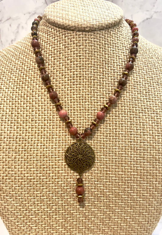 Jasper and Austrian Crystal Necklace with Antique Bronze Color Pendant