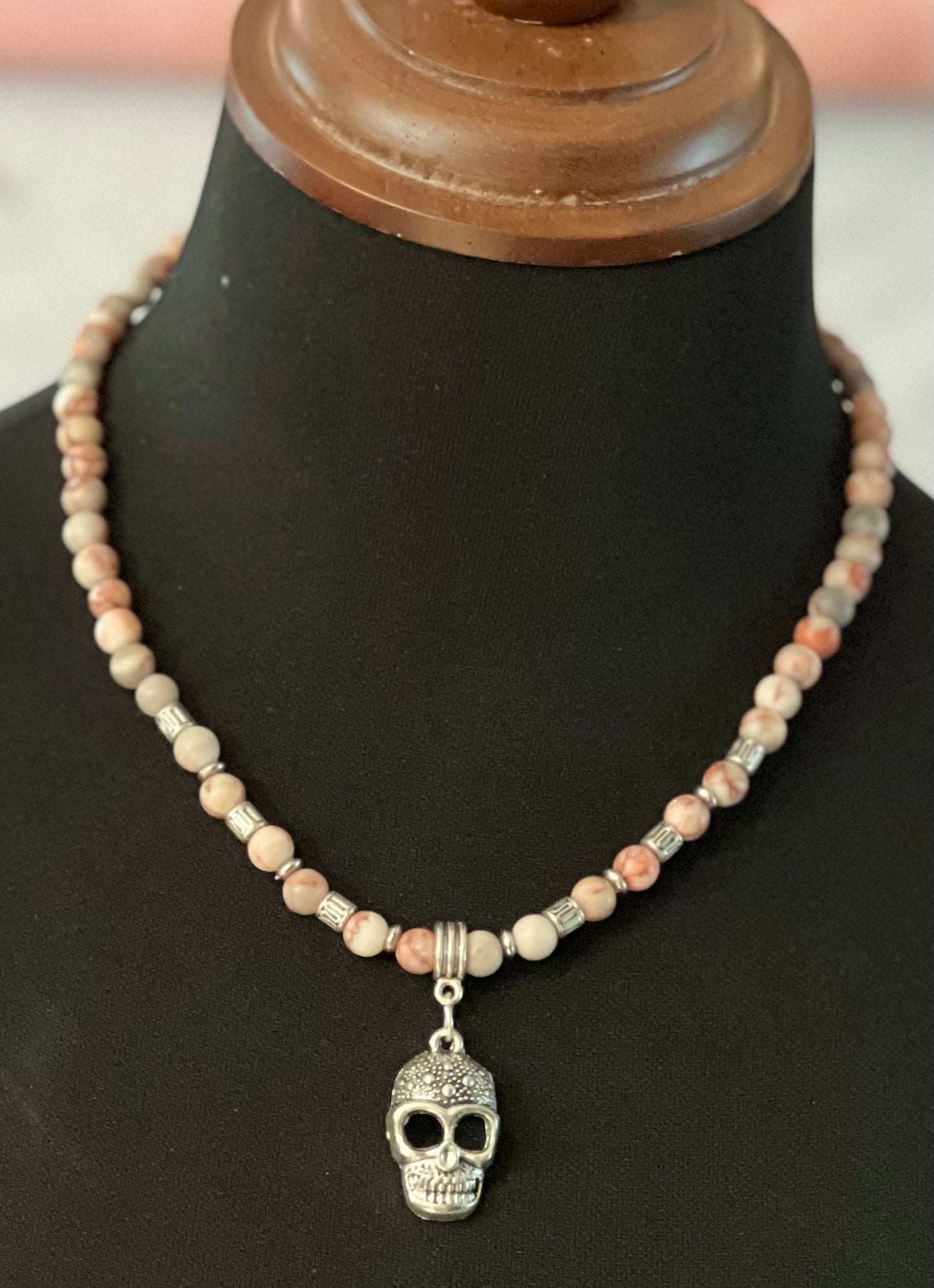 Mexican Inspired Skull Necklace with Natural Matte Veined Jasper Beads