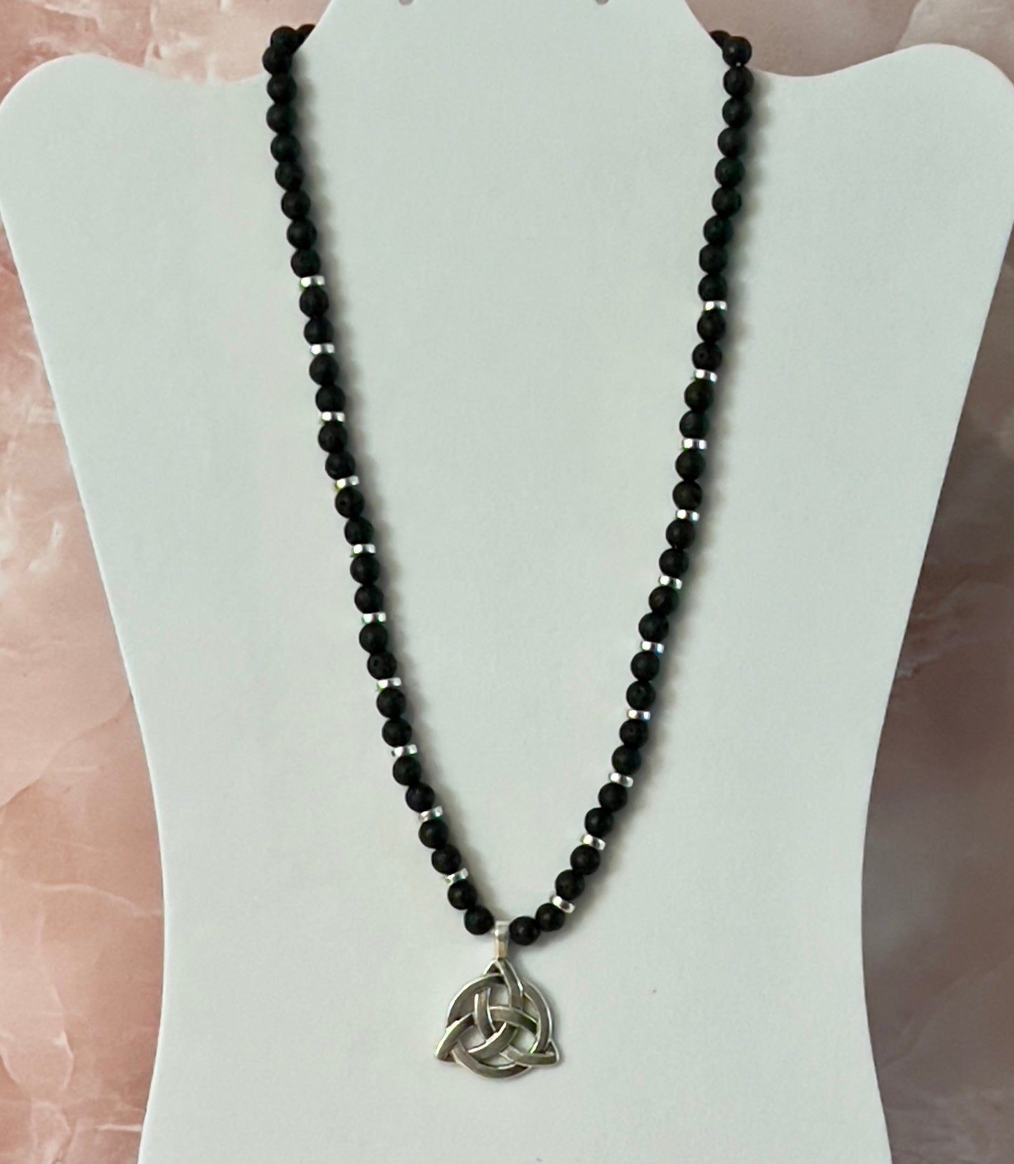 Irish Trinity Symbol Necklace of Matte Black Lava Volcanic Rock Beads