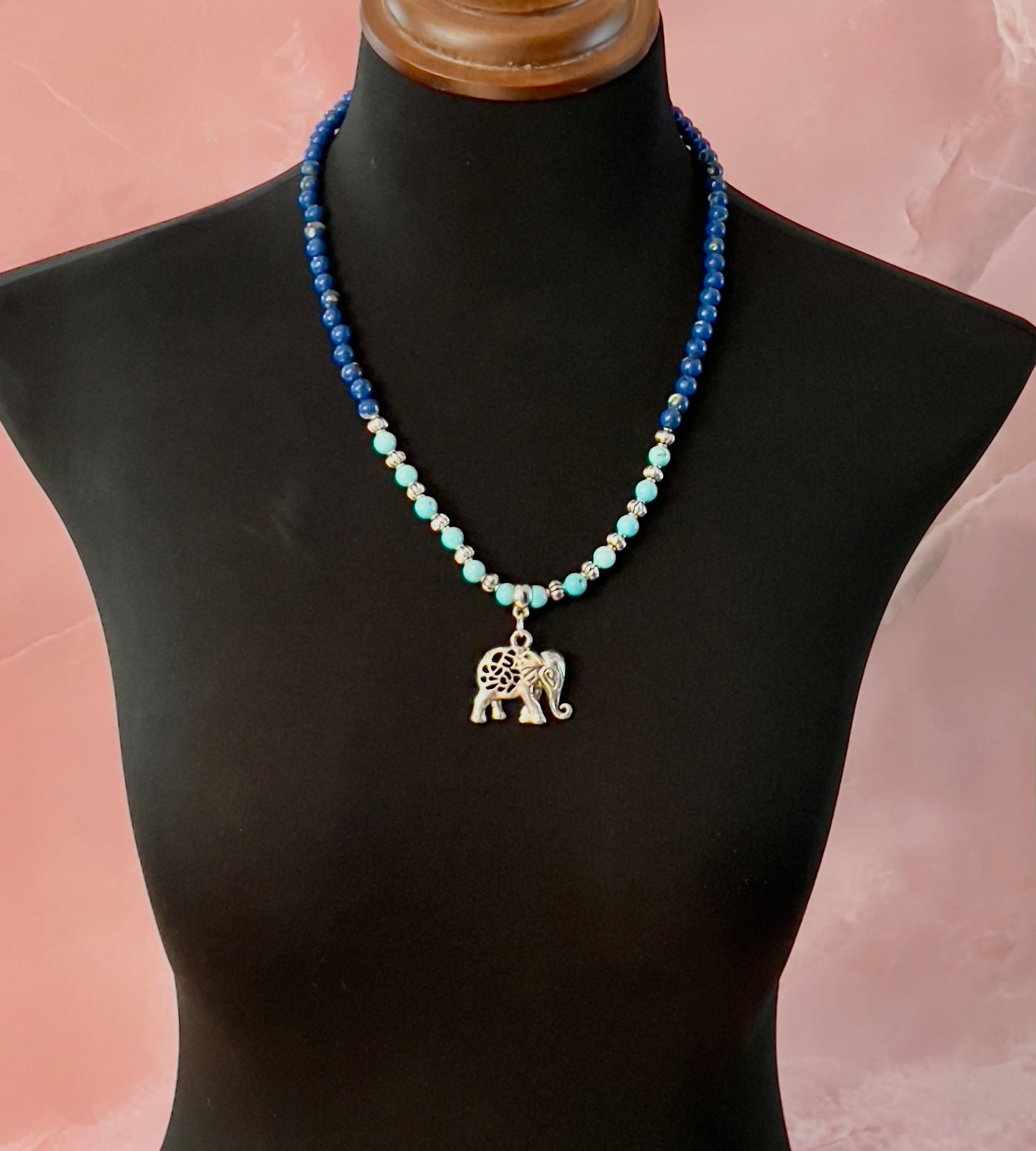 Turquoise and Sodalite Necklace with Indian Elephant