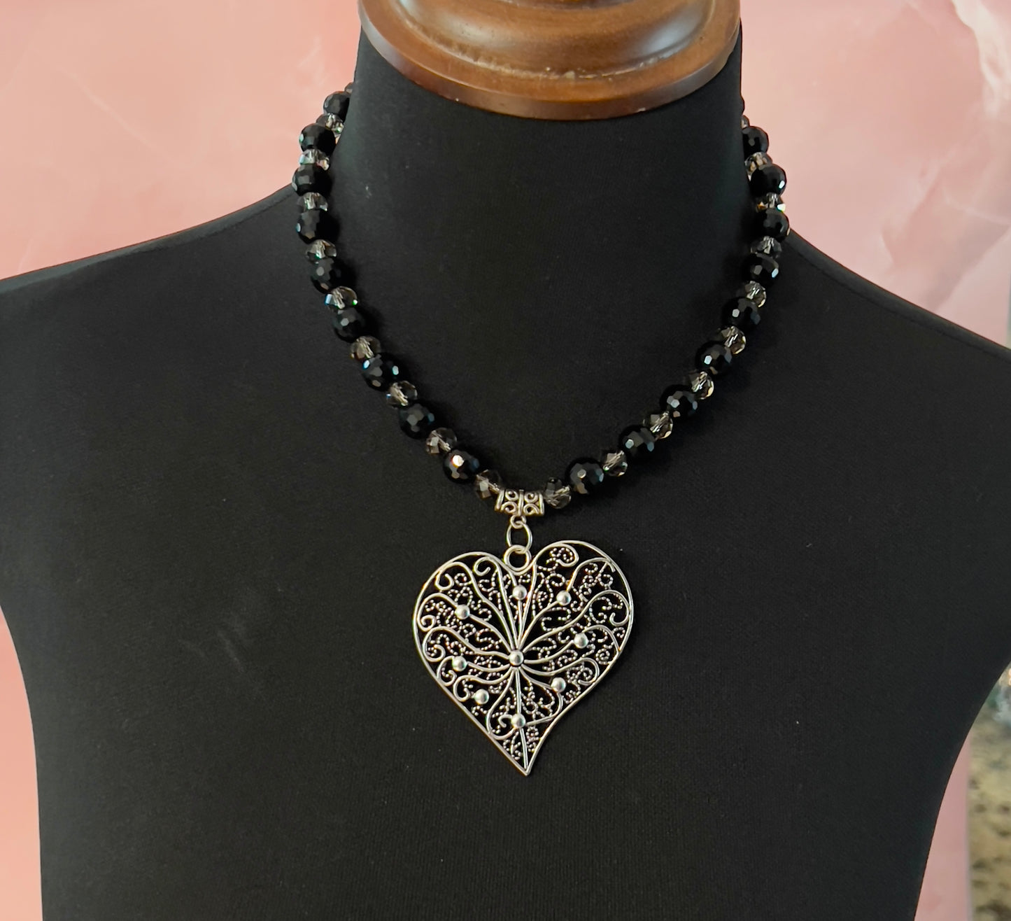 Large Abstract Heart Pendant on Black & Platinum Austrian Crystal Beads