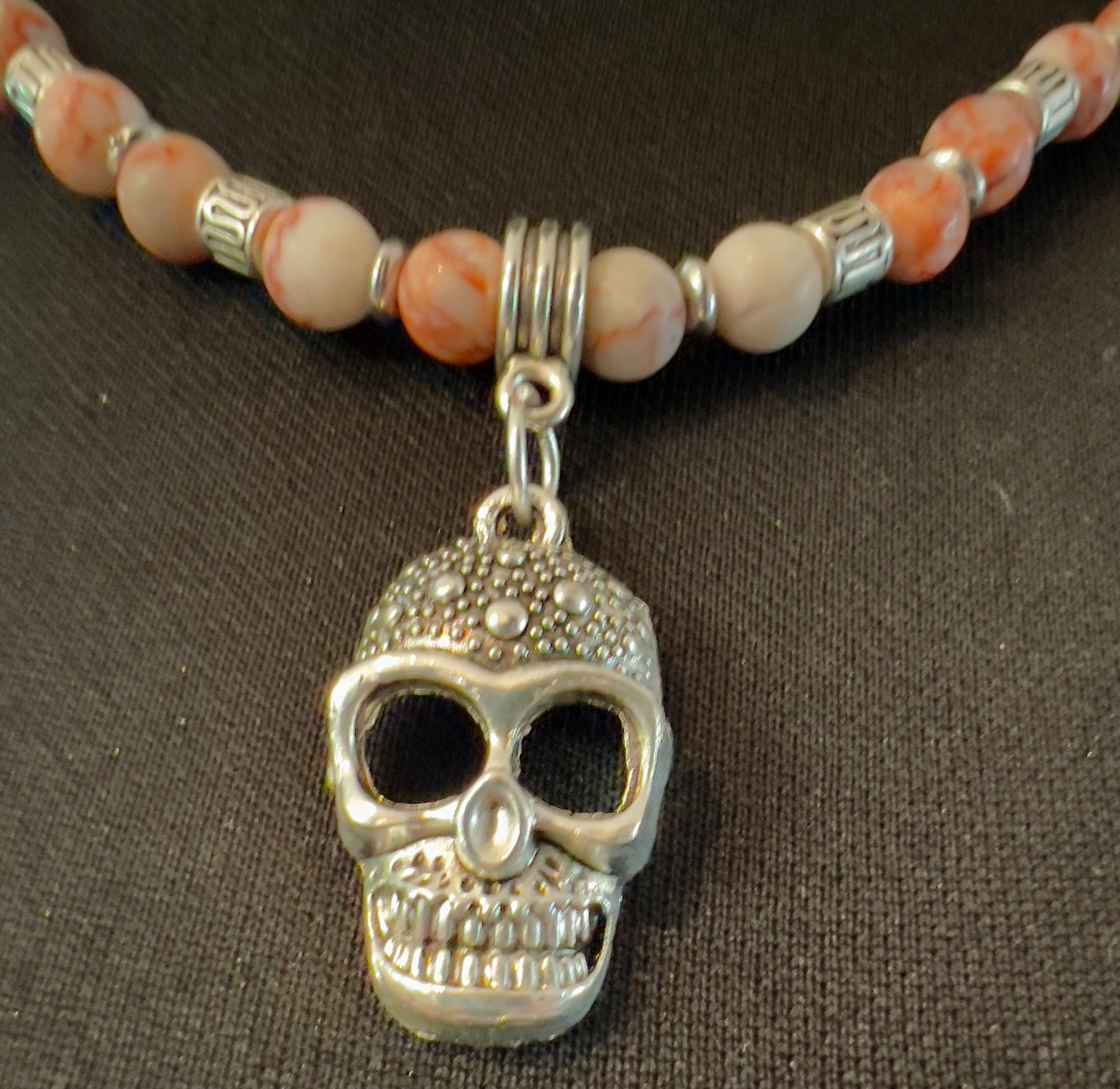 Mexican Inspired Skull Necklace with Natural Matte Veined Jasper Beads