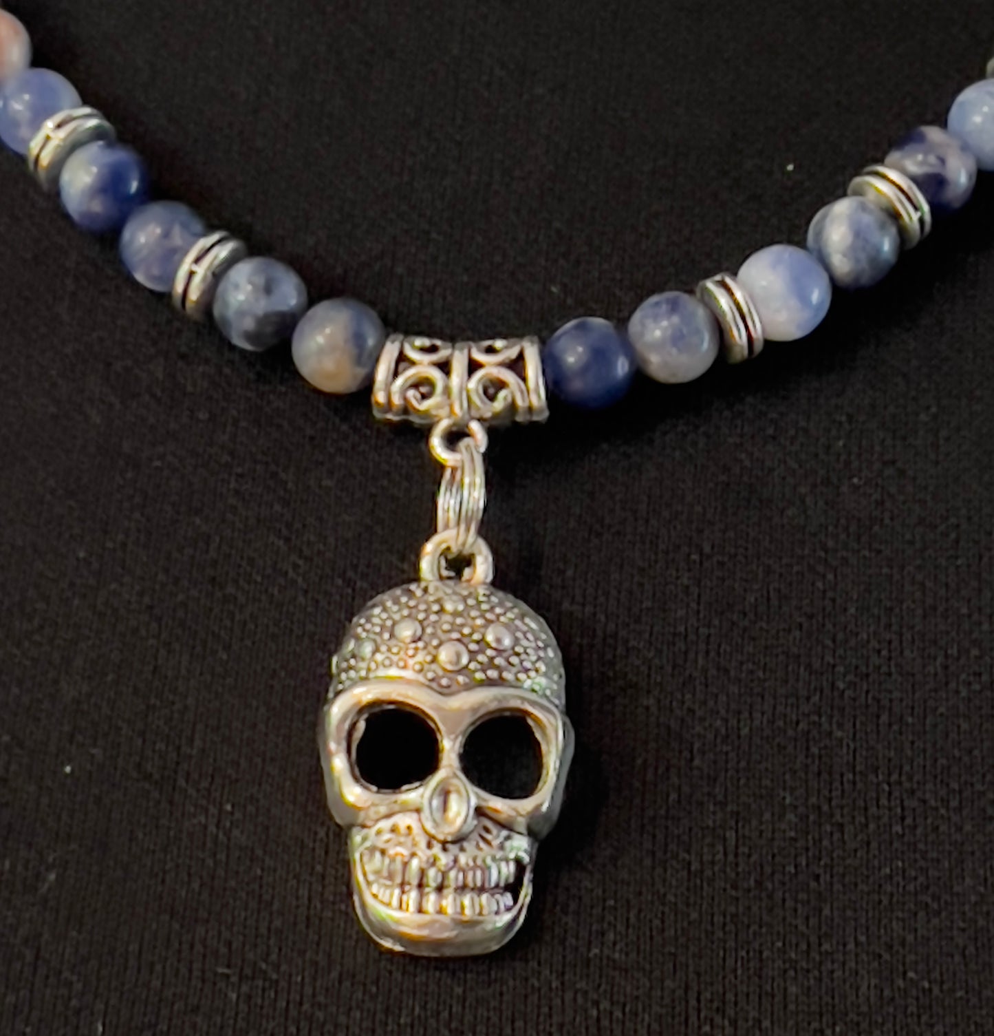 Mexican Inspired Skull Necklace with Natural Blue Sodalite Beads
