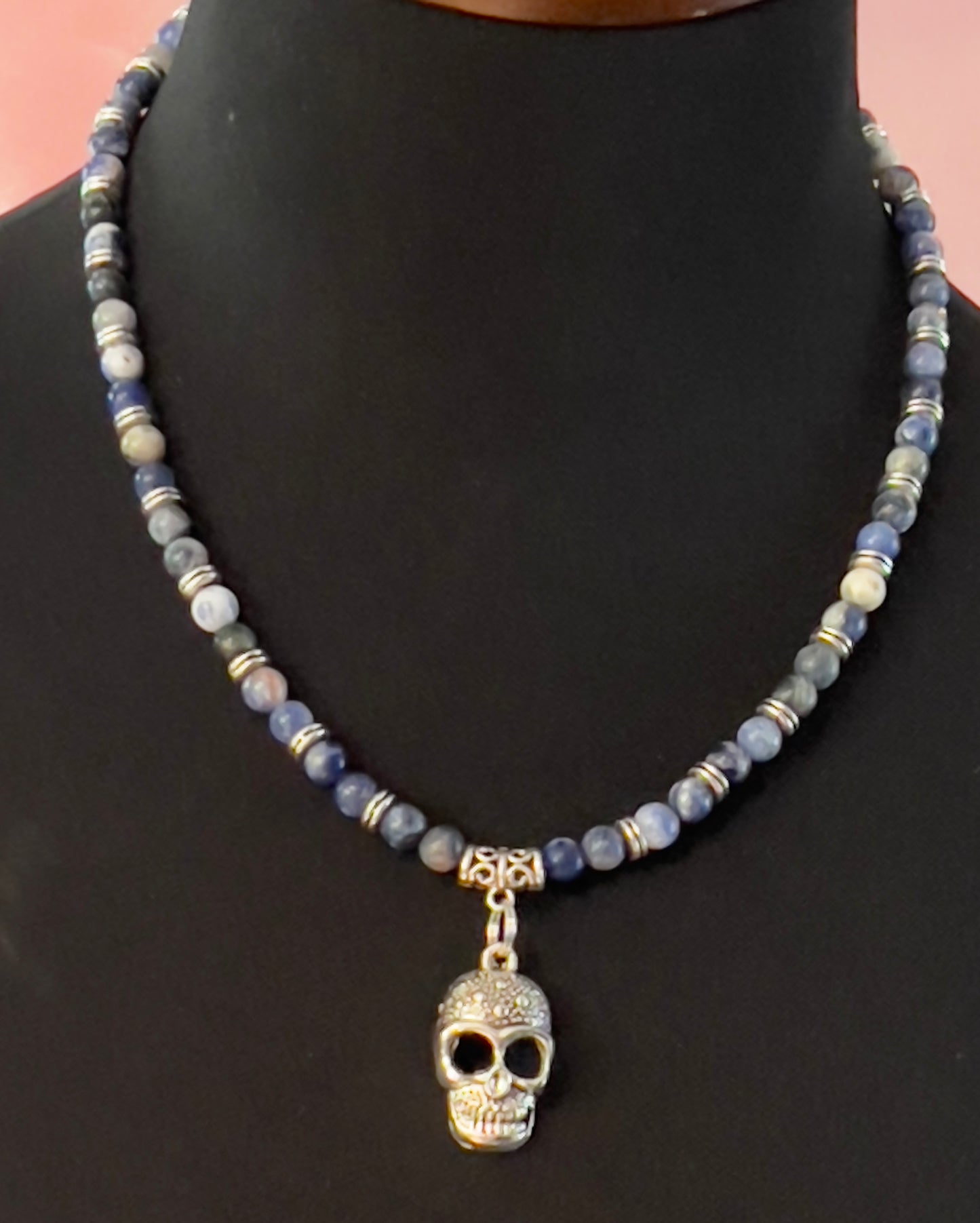 Mexican Inspired Skull Necklace with Natural Blue Sodalite Beads