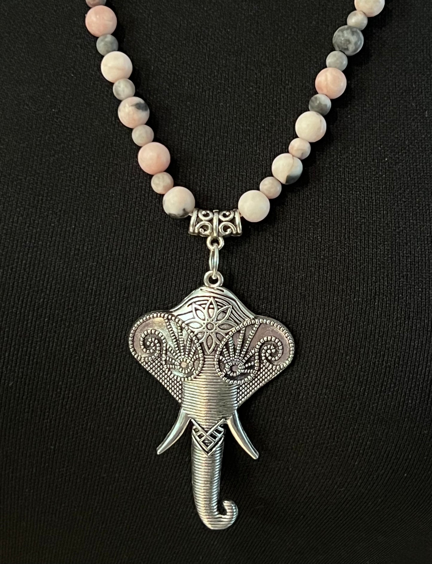 Pink and Gray Natural Matte Jasper Bead Necklace with Large Indian Elephant Pendant