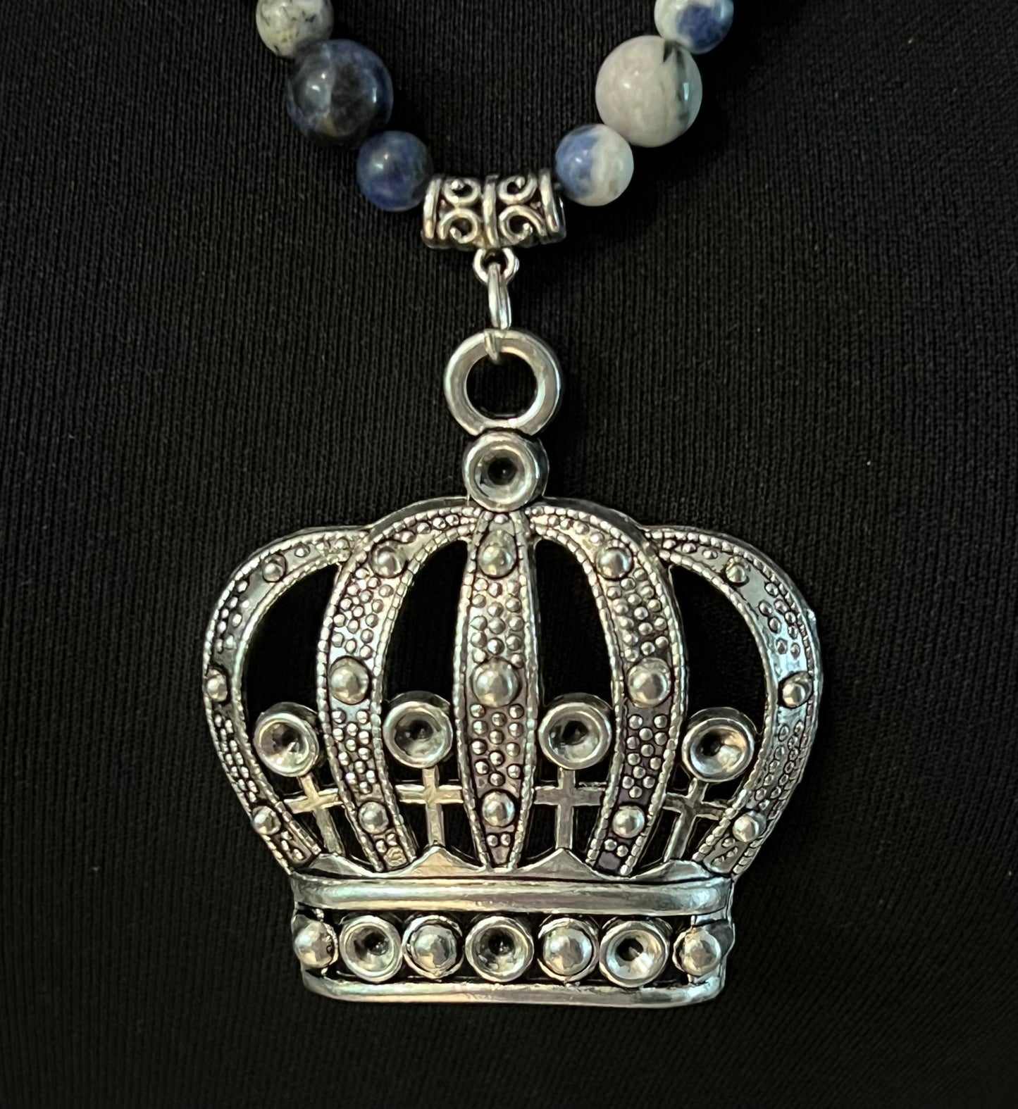 Necklace with Large Crown Pendant and Blue Sodalite Beads