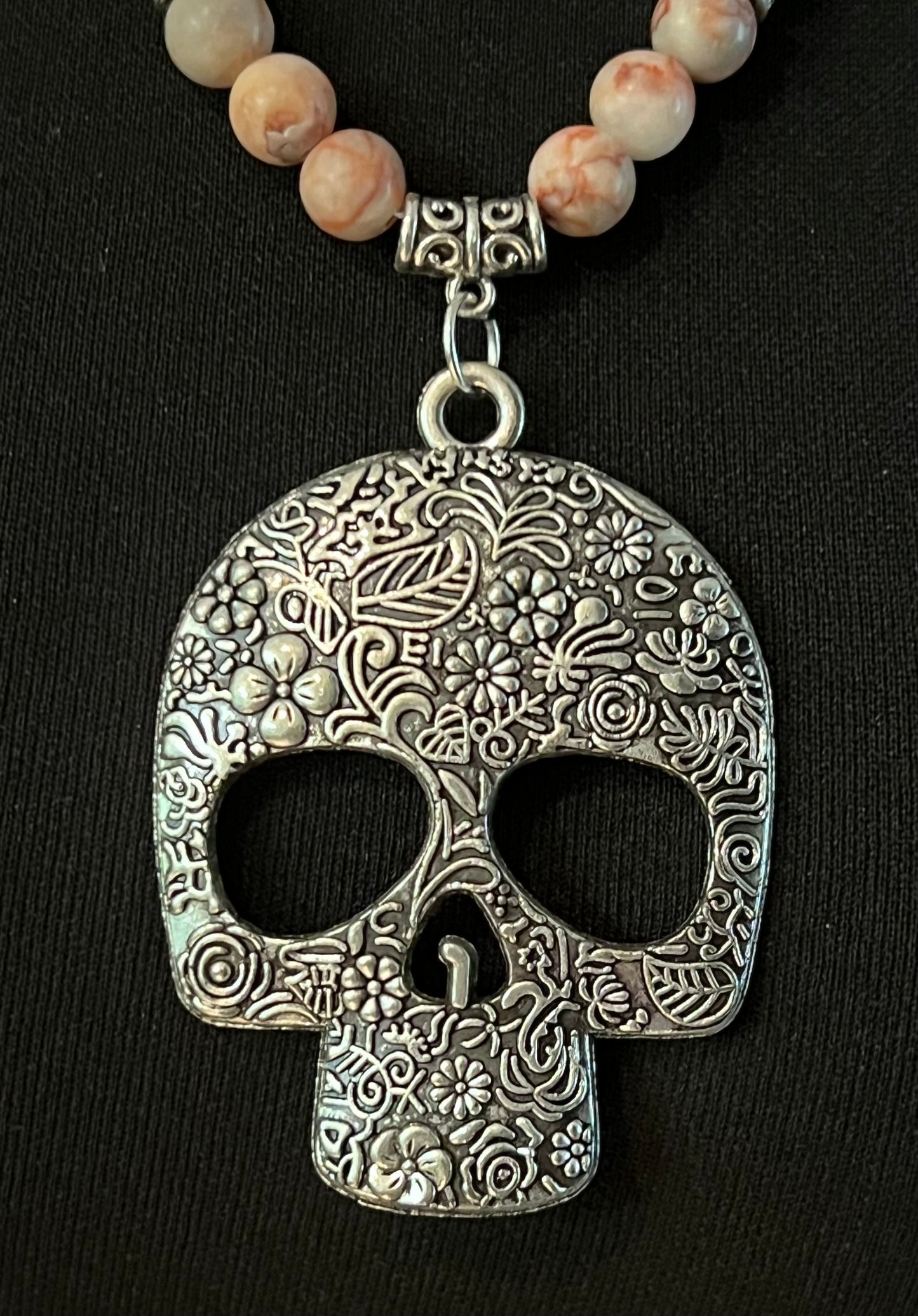 Mexican Inspired Oversized Skull Necklace with Natural Matte Veined Jasper Beads