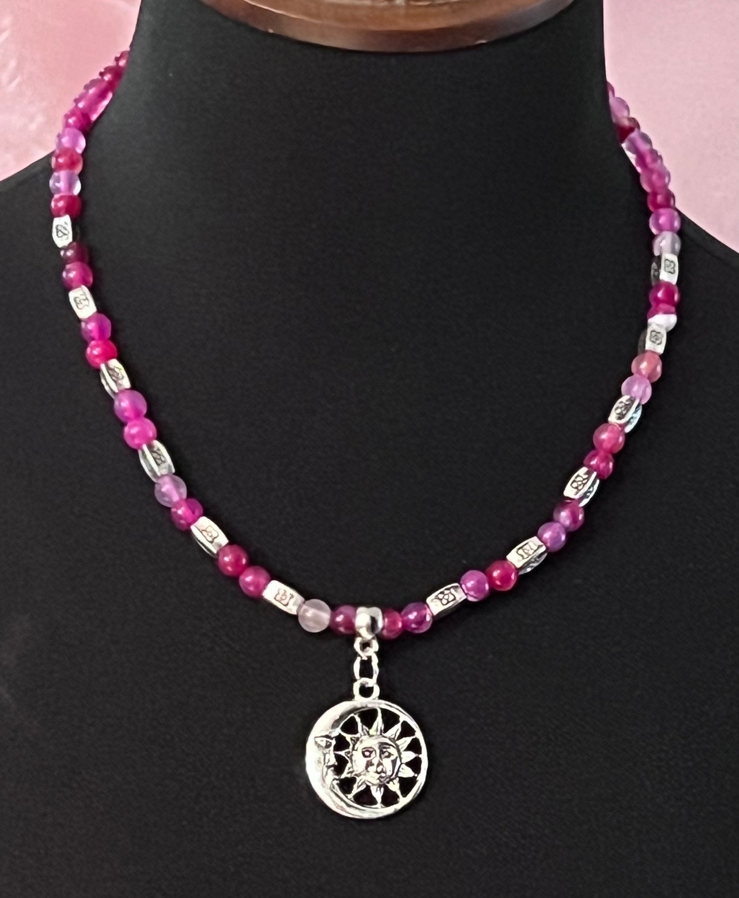 Pink & Raspberry Quartz Necklace with Sun and Moon Pendant