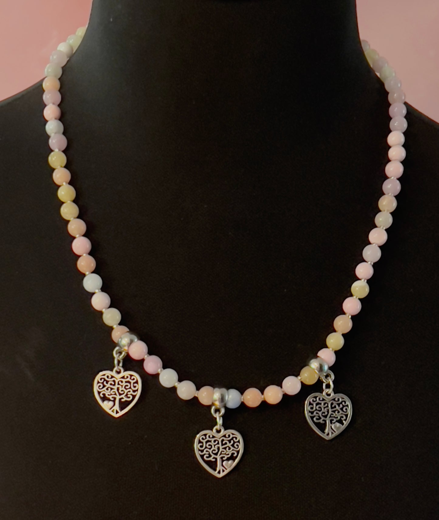 Pastel Quartz Bead Necklace with 3 Tree of Life Hearts